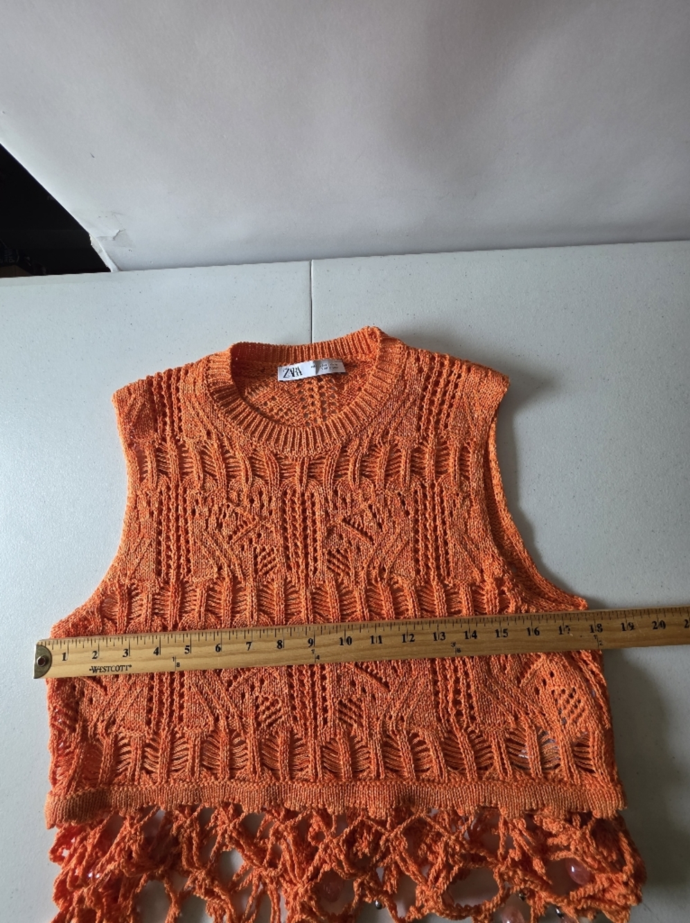 Zara Crochet Knit‎ Crop Top Size L Fringe Tassel Hem Beaded Orange Festival Boho - Picture 6 of 11